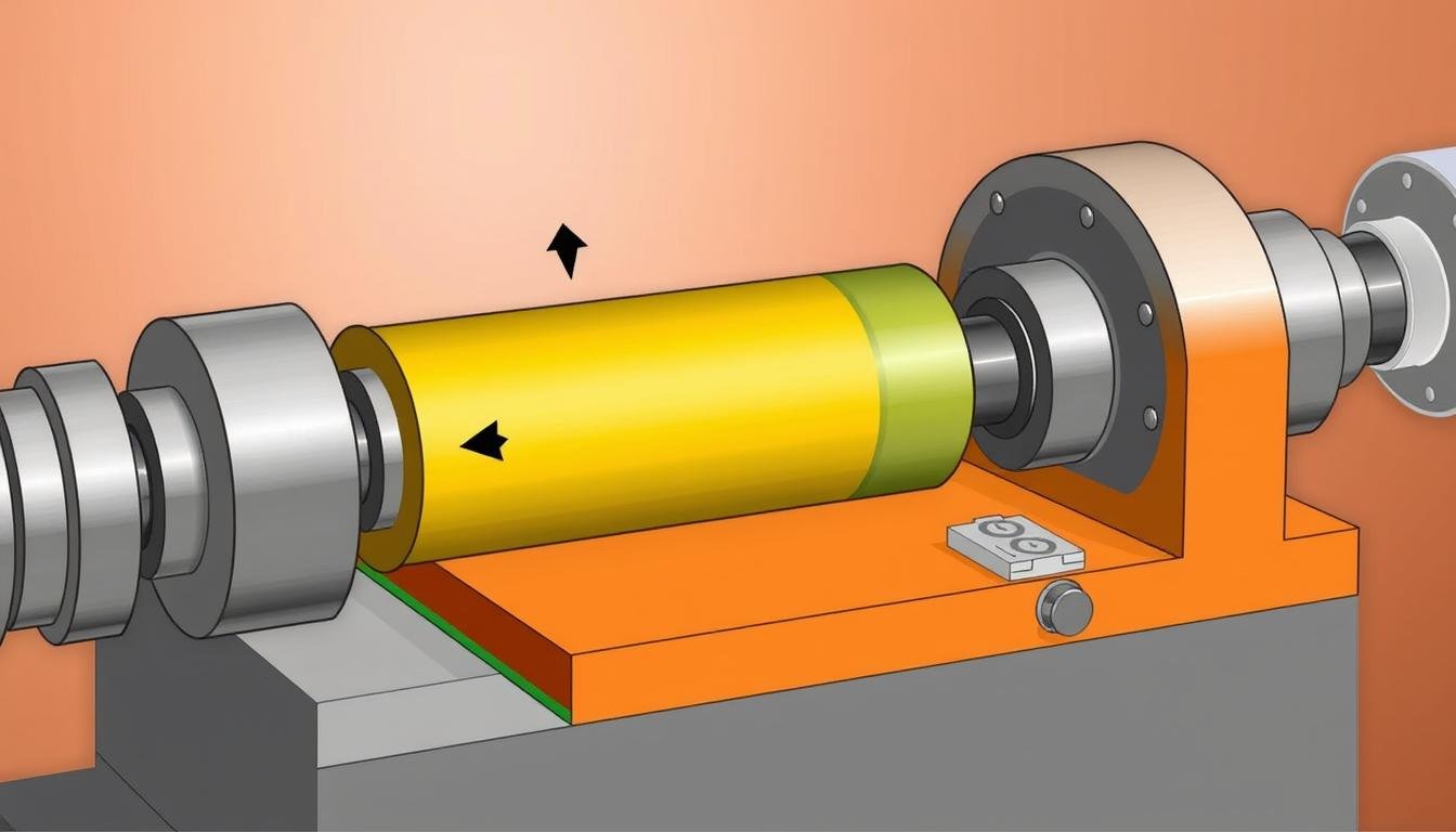 Roll forging process showing metal being compressed between two rotating rolls Roll forging process showing metal being compressed between two rotating rolls