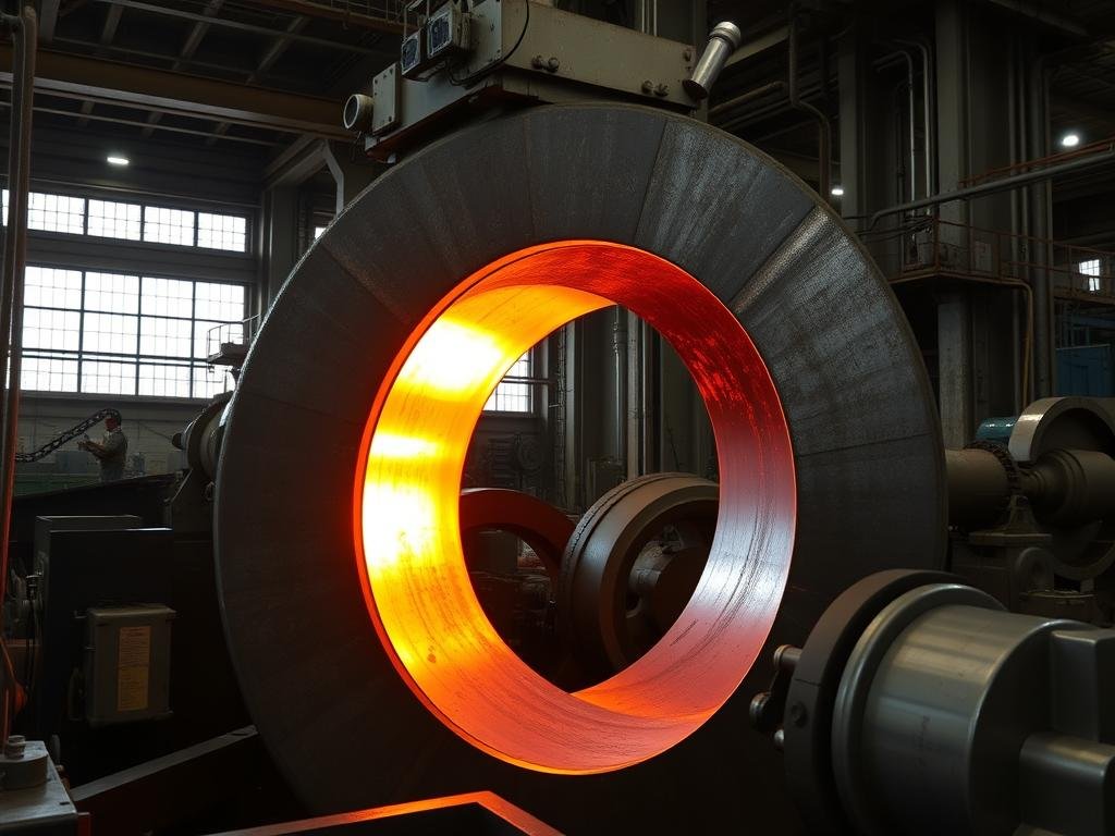 Rolled ring forging process creating a large seamless steel ring