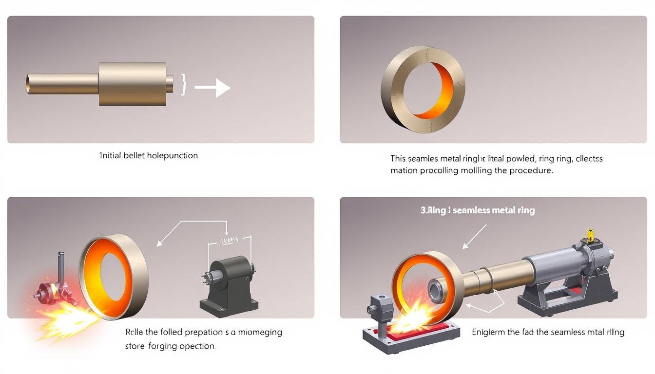 Rolled ring forging process showing the progressive formation of a seamless metal ring