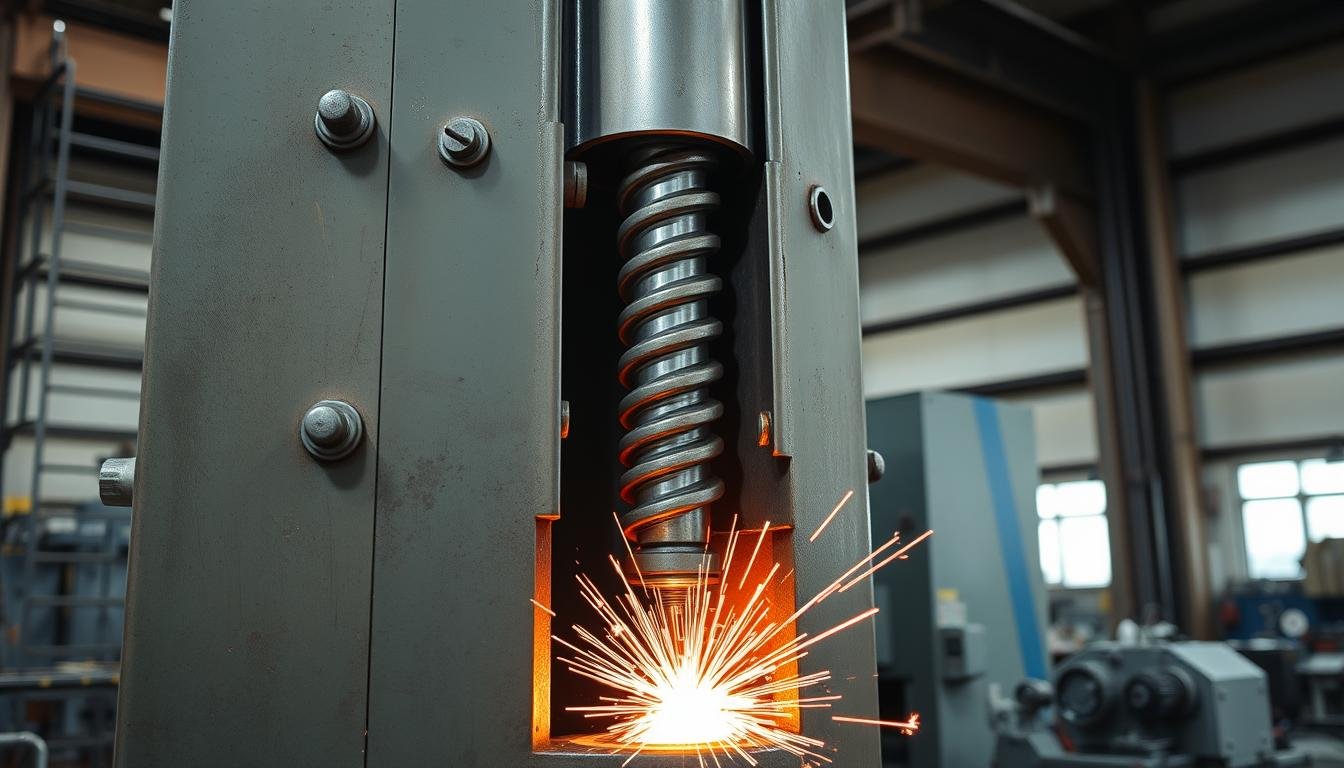 Screw press in operation showing the screw mechanism and forging process