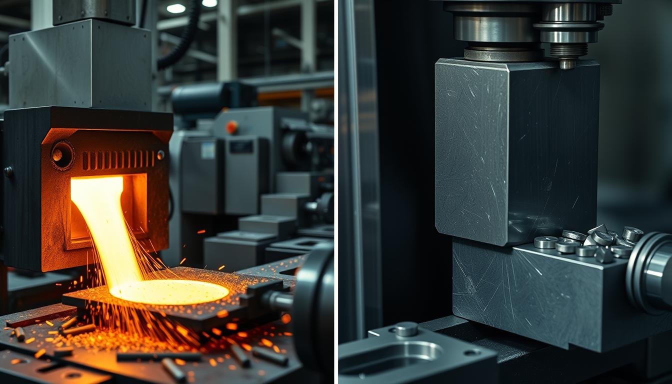 Side-by-side comparison of aluminum forging process and steel machining process in a manufacturing facility Side-by-side comparison of aluminum forging process and steel machining process in a manufacturing facility