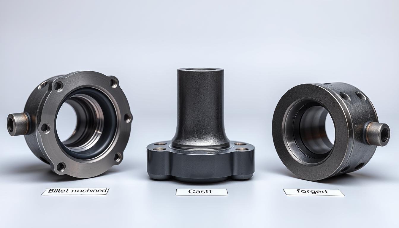 Side-by-side comparison of billet, cast, and forged parts showing different characteristics