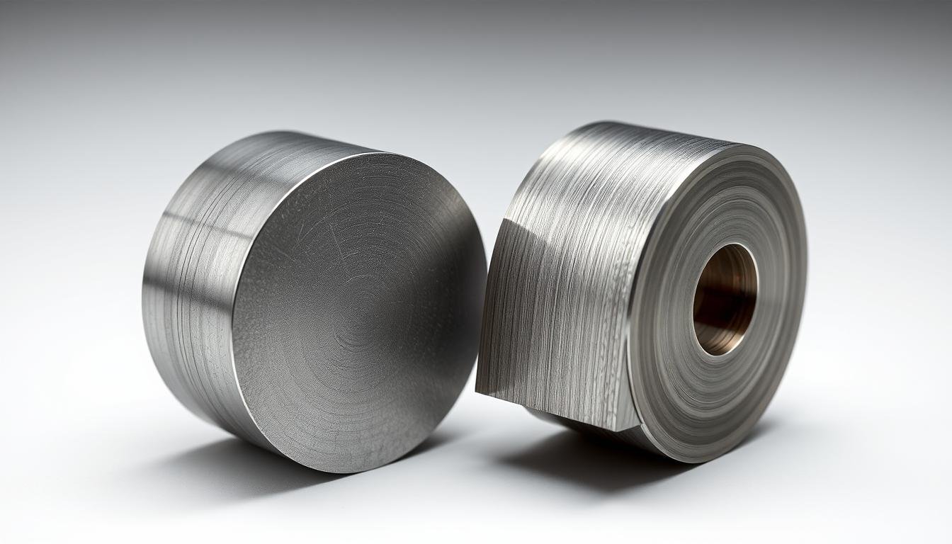 Side-by-side comparison of forged aluminum and machined steel material samples showing different grain structures
