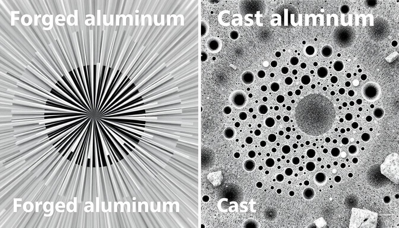 Side-by-side comparison of forged and cast aluminum microstructures showing grain differences Side-by-side comparison of forged and cast aluminum microstructures showing grain differences