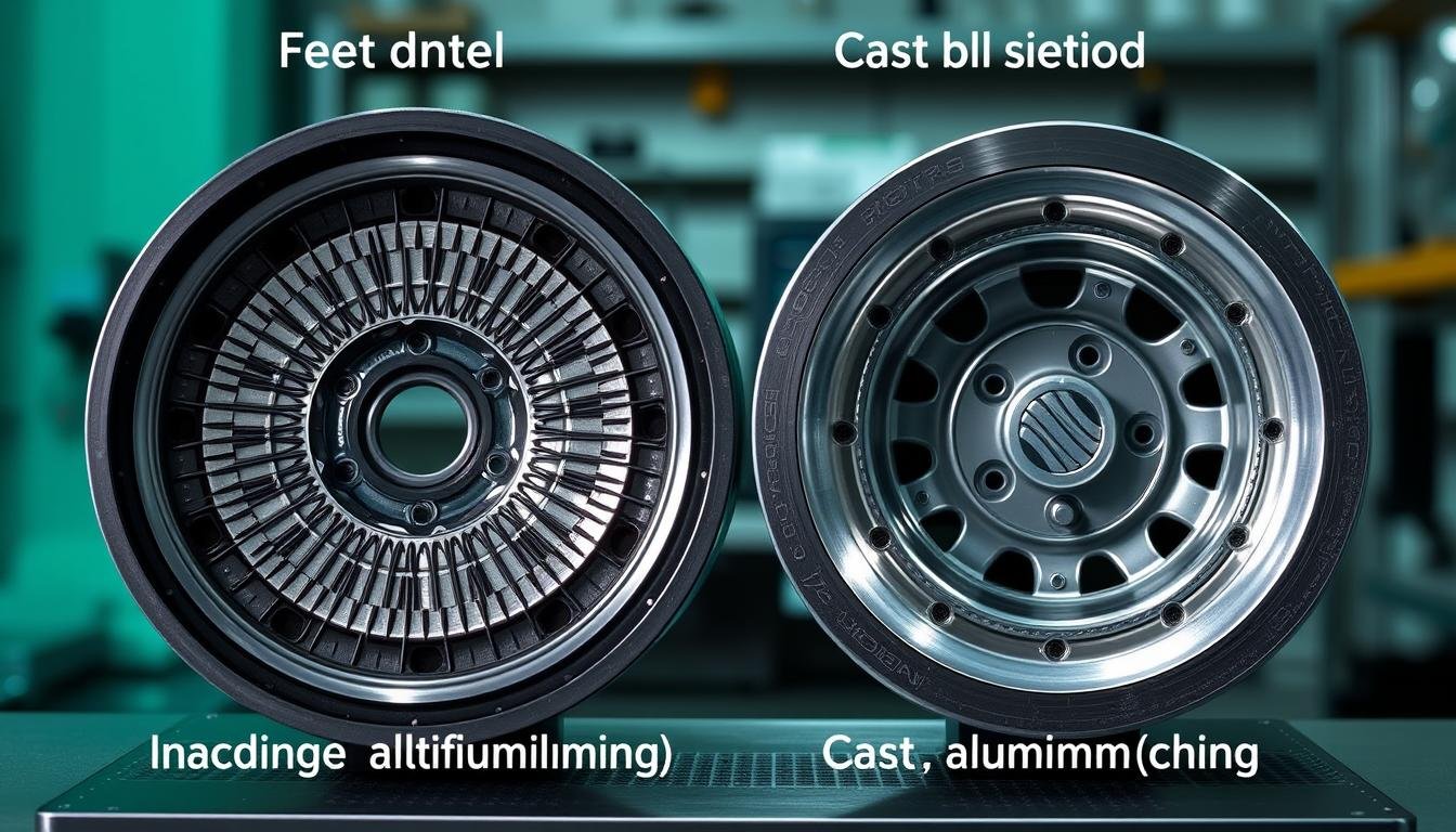Side-by-side comparison of machined forged aluminum center wheel and cast wheel structures Side-by-side comparison of machined forged aluminum center wheel and cast wheel structures