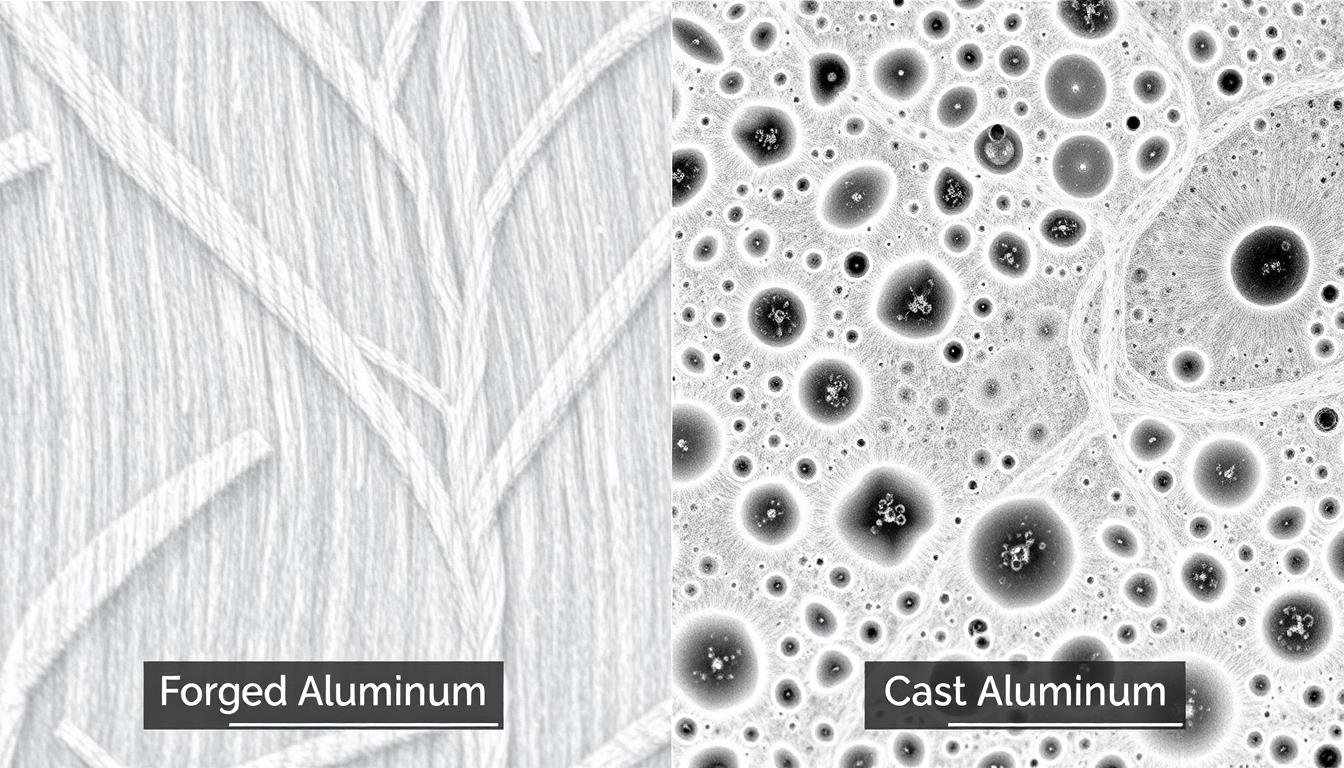 Side-by-side microscopic comparison of aluminum forged vs cast grain structure Side-by-side microscopic comparison of aluminum forged vs cast grain structure