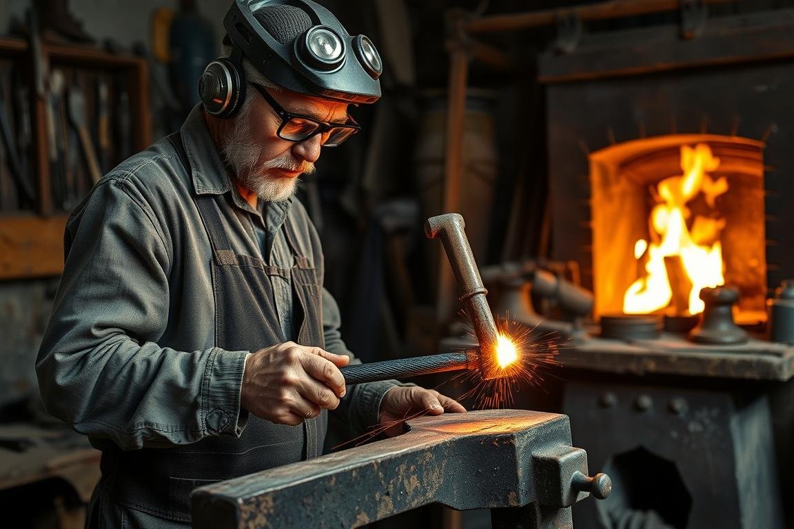 Skilled artisan hand forging aluminum using traditional techniques and tools