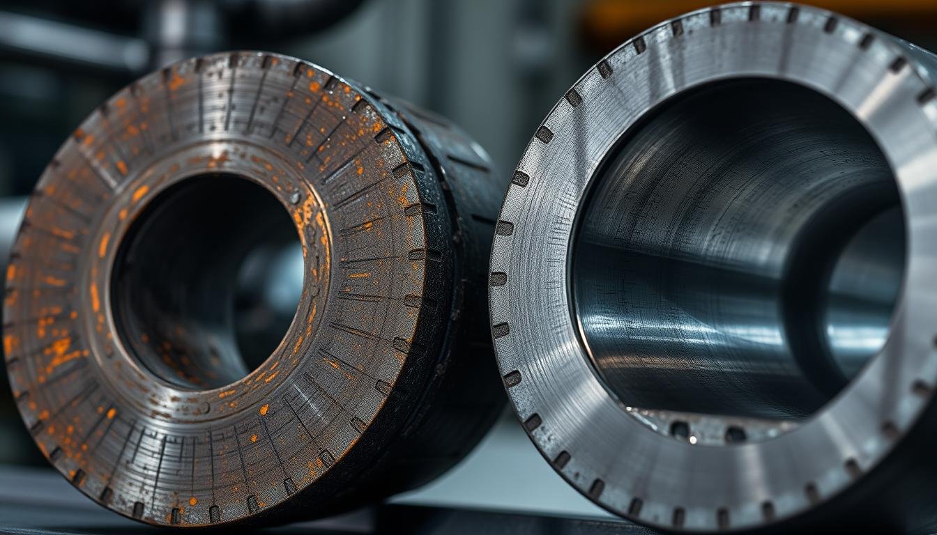 Steel forged component showing grain structure compared to cast component