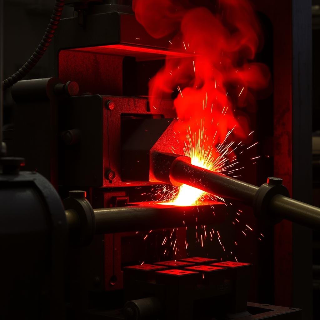 Steel forging operation showing red-hot steel being shaped