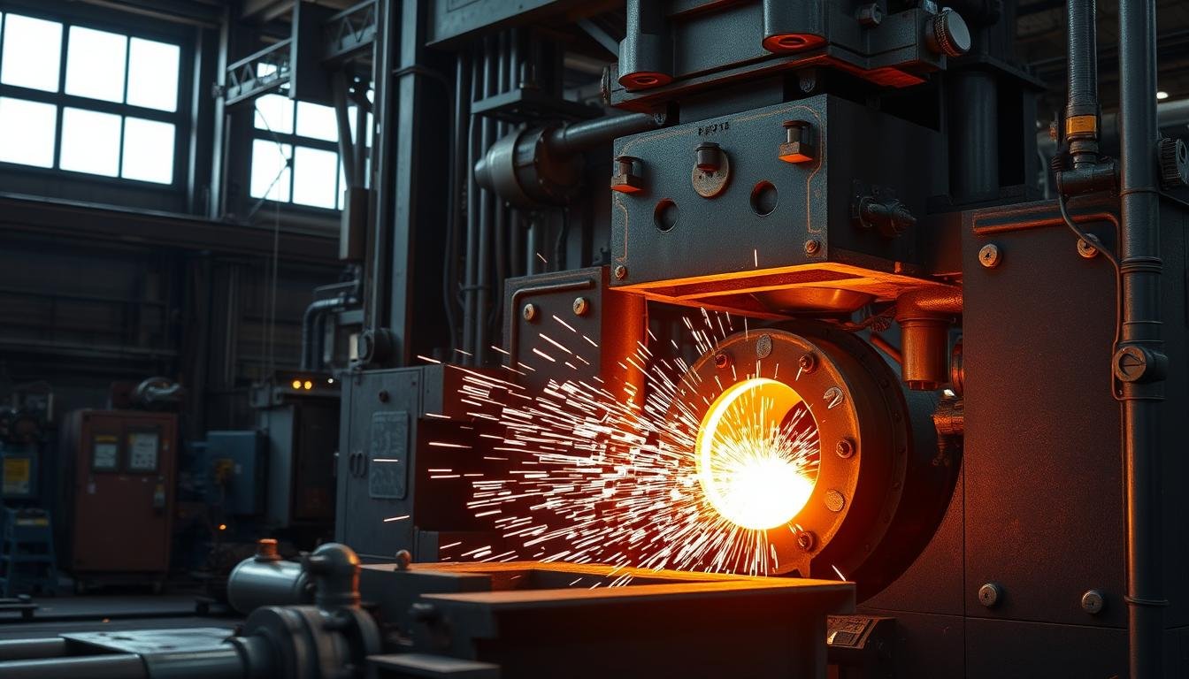 Steel forging process showing heated metal being shaped between dies
