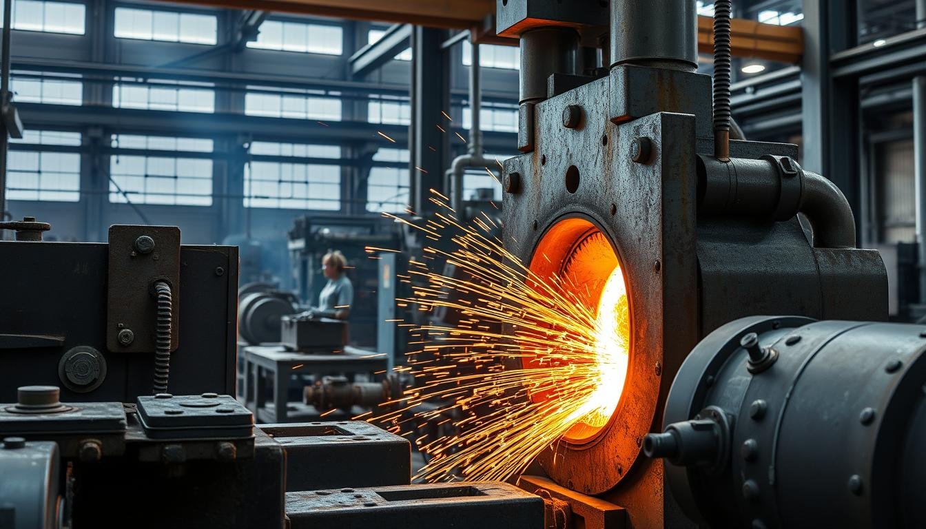 Steel forging process showing heated metal being shaped between industrial dies