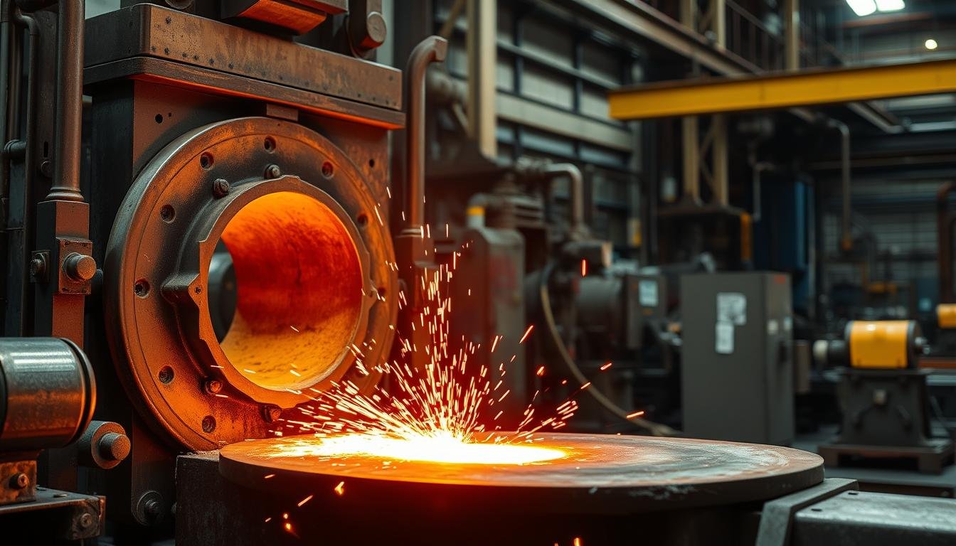 Steel forging process showing heated metal being shaped with industrial equipment