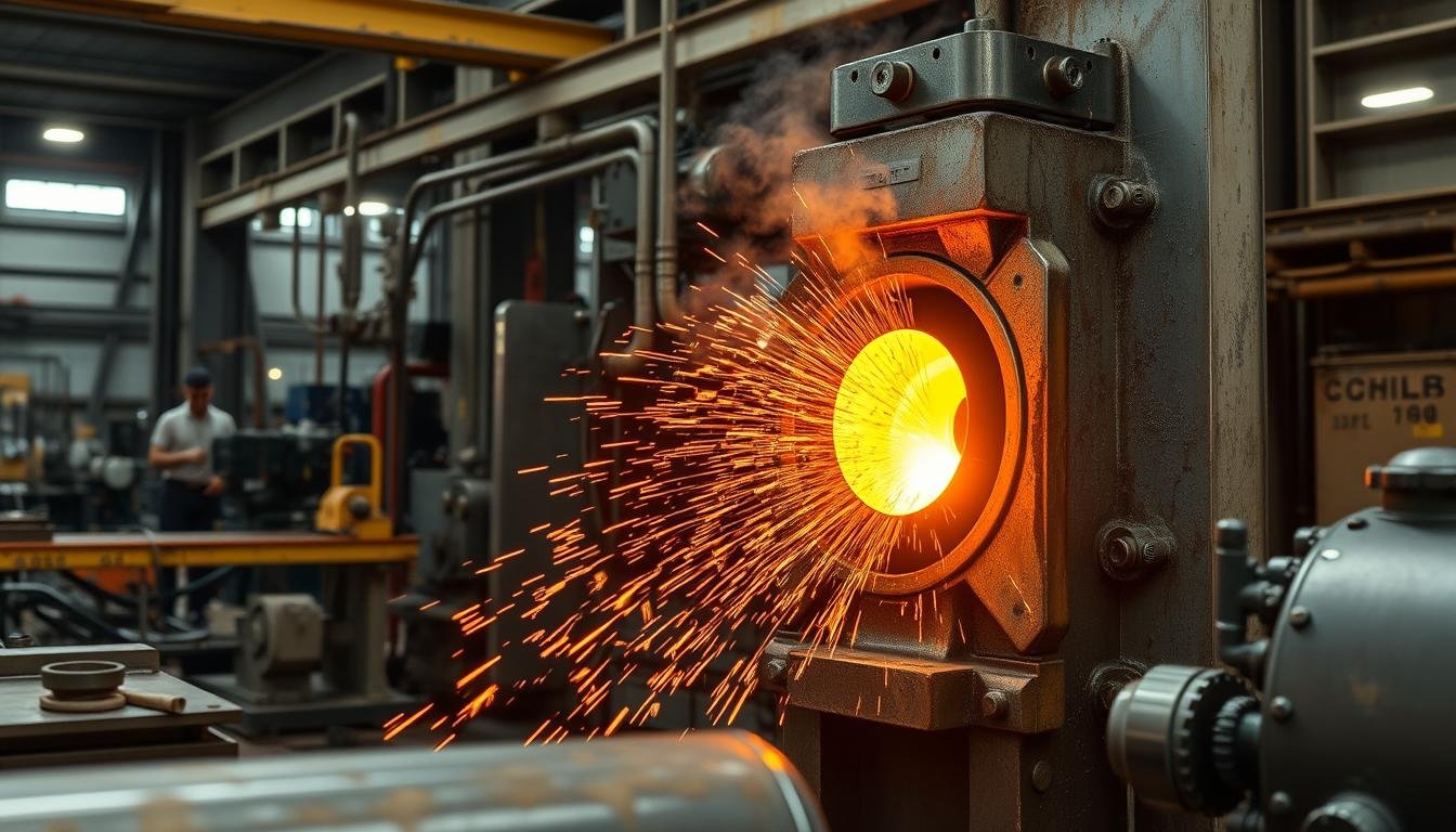 Steel forging process showing hot metal being shaped between dies