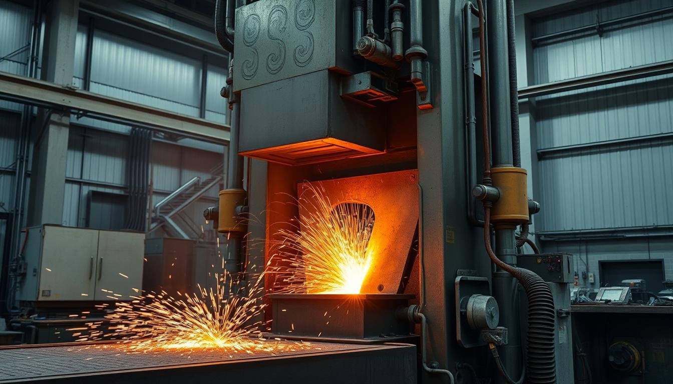 Steel forging process showing hot metal being shaped under hydraulic press