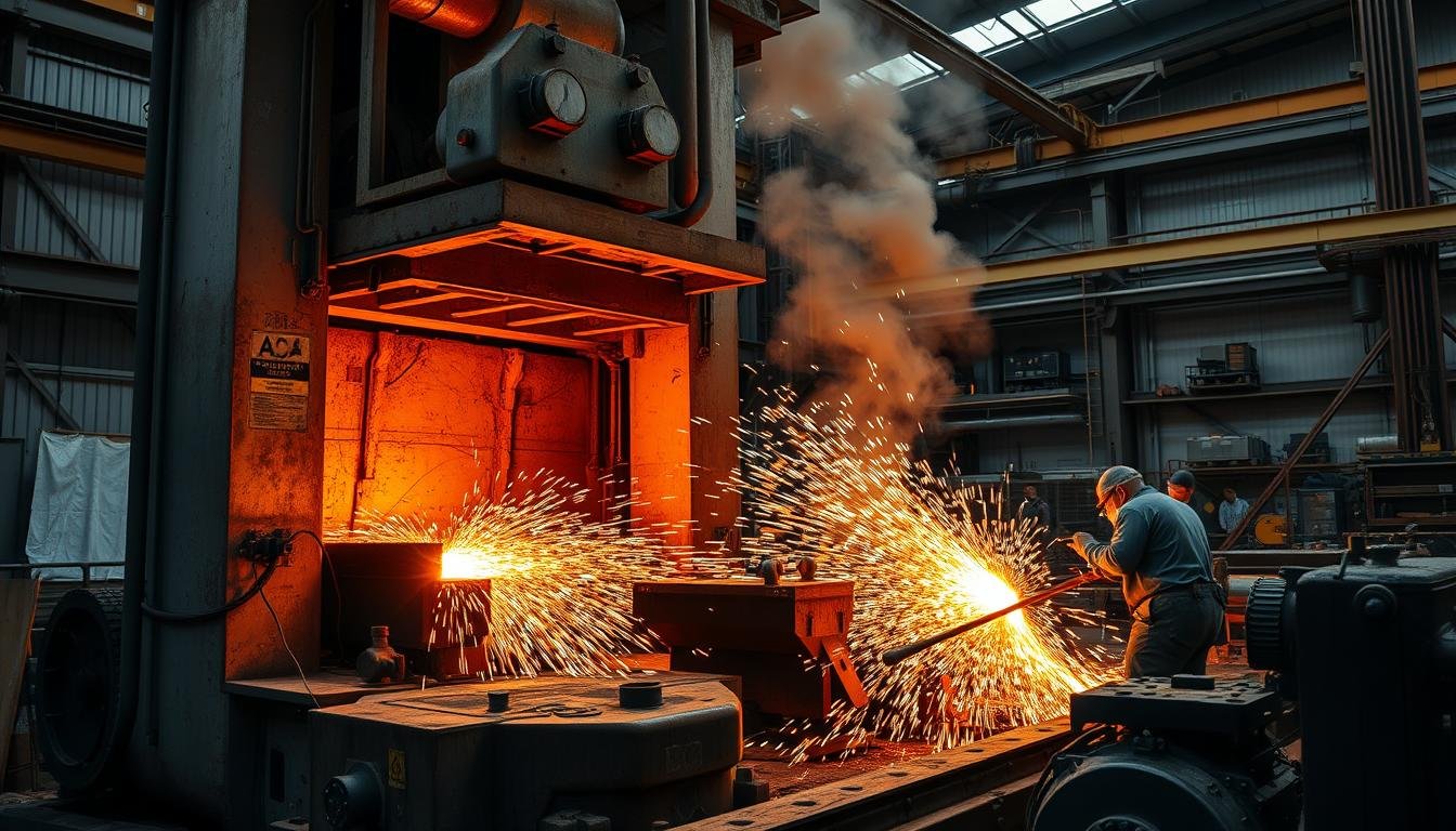 Steel forging process showing hot metal being shaped under industrial press