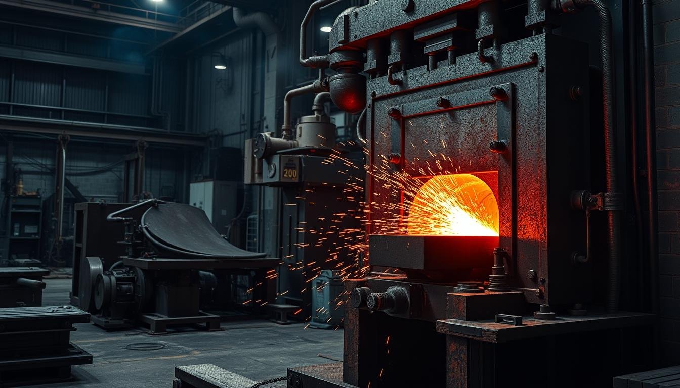 Steel forging process showing red-hot steel being shaped with industrial forge press