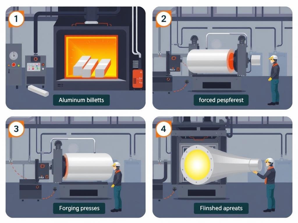 Step-by-step aluminum forging process showing heating, pressing and finishing stages