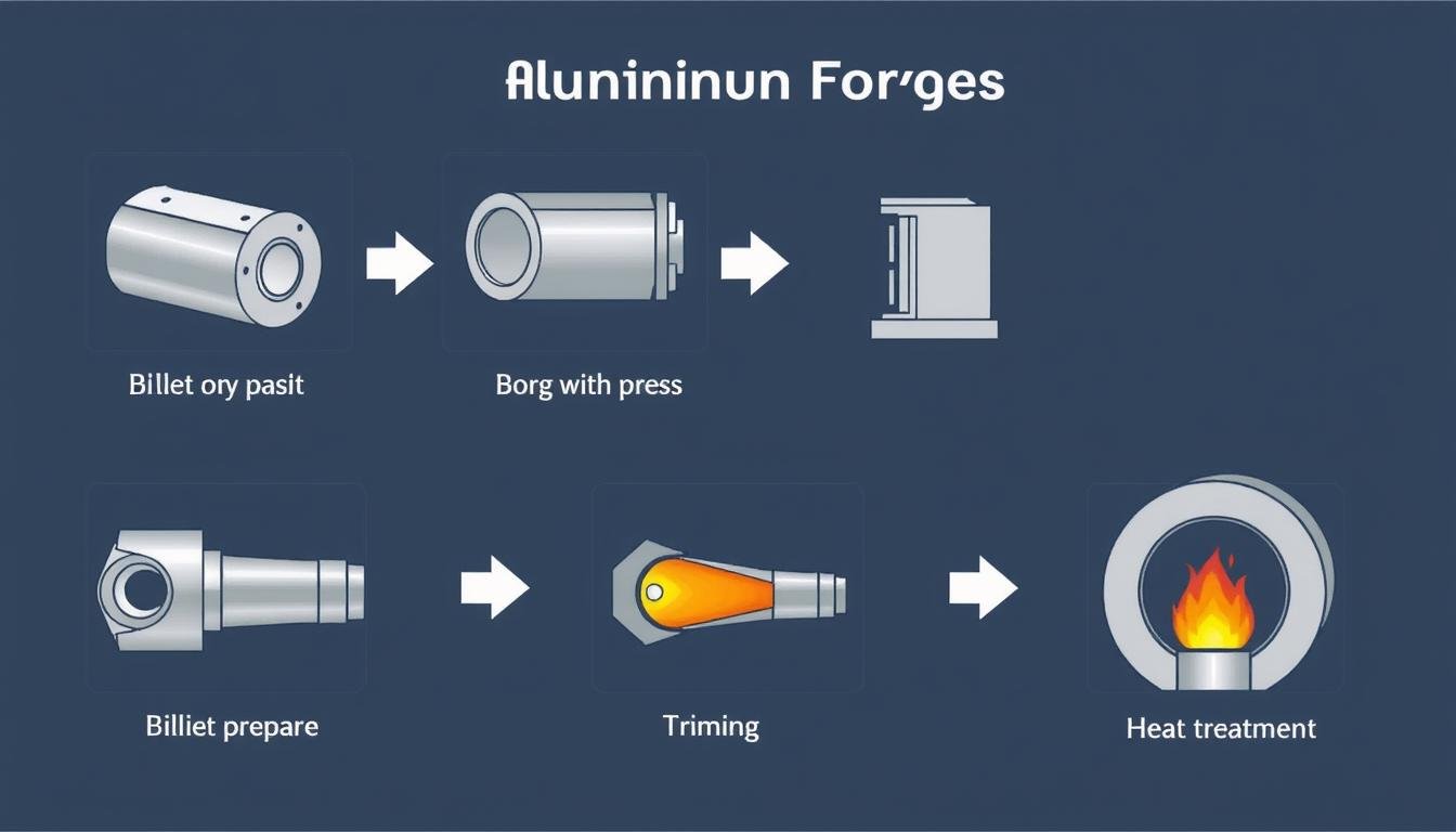 Step-by-step aluminum forging process showing material preparation, heating, forging, and finishing