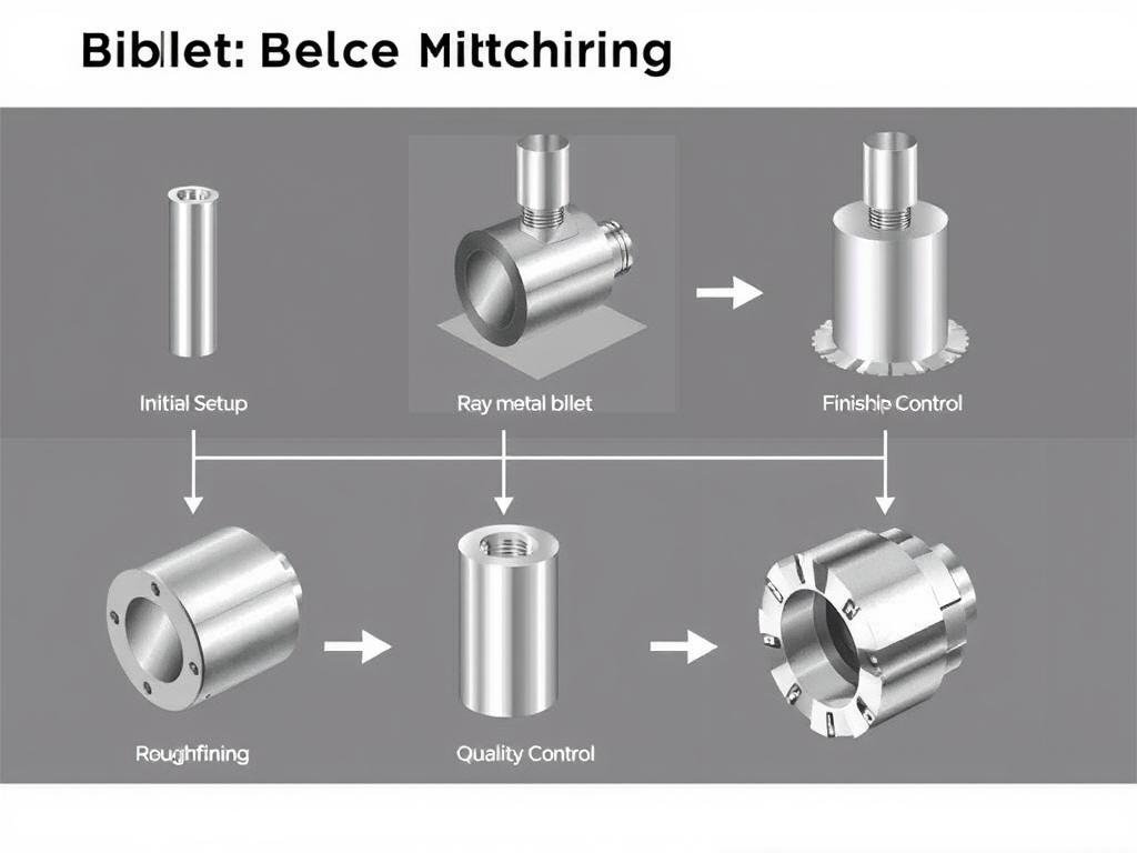 Step-by-step billet machining process showing transformation from raw billet to finished part