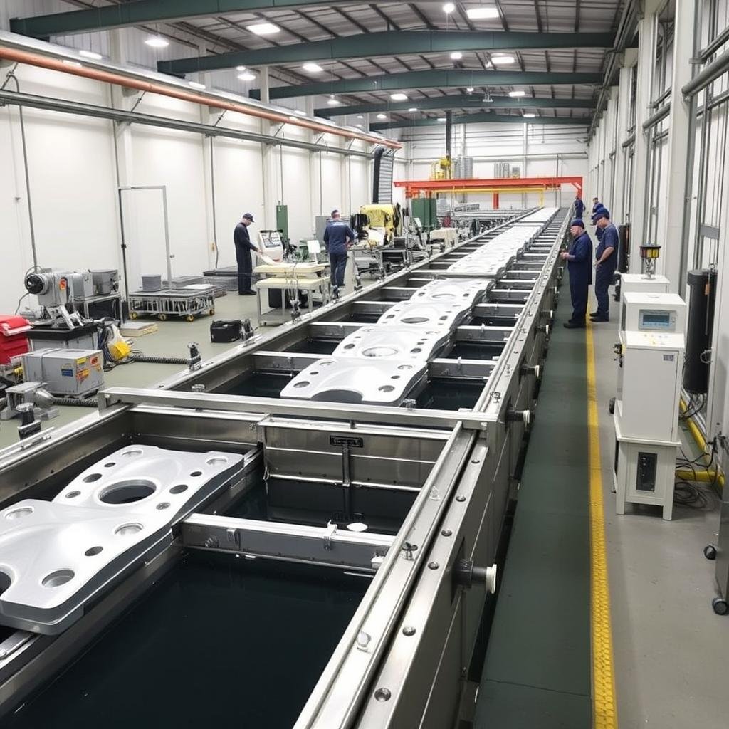 Surface treatment process for aluminum forgings showing anodizing line Surface treatment process for aluminum forgings showing anodizing line