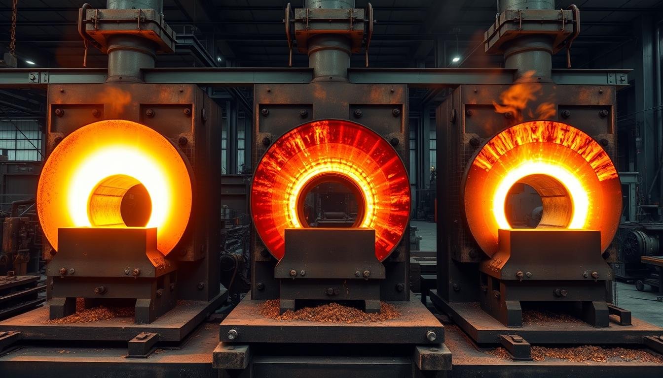 Temperature comparison in steel forging showing different colored heated steel