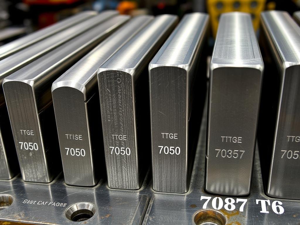 Various aluminum alloy billets prepared for the forging process, showing different grades including 7050 and 7075
