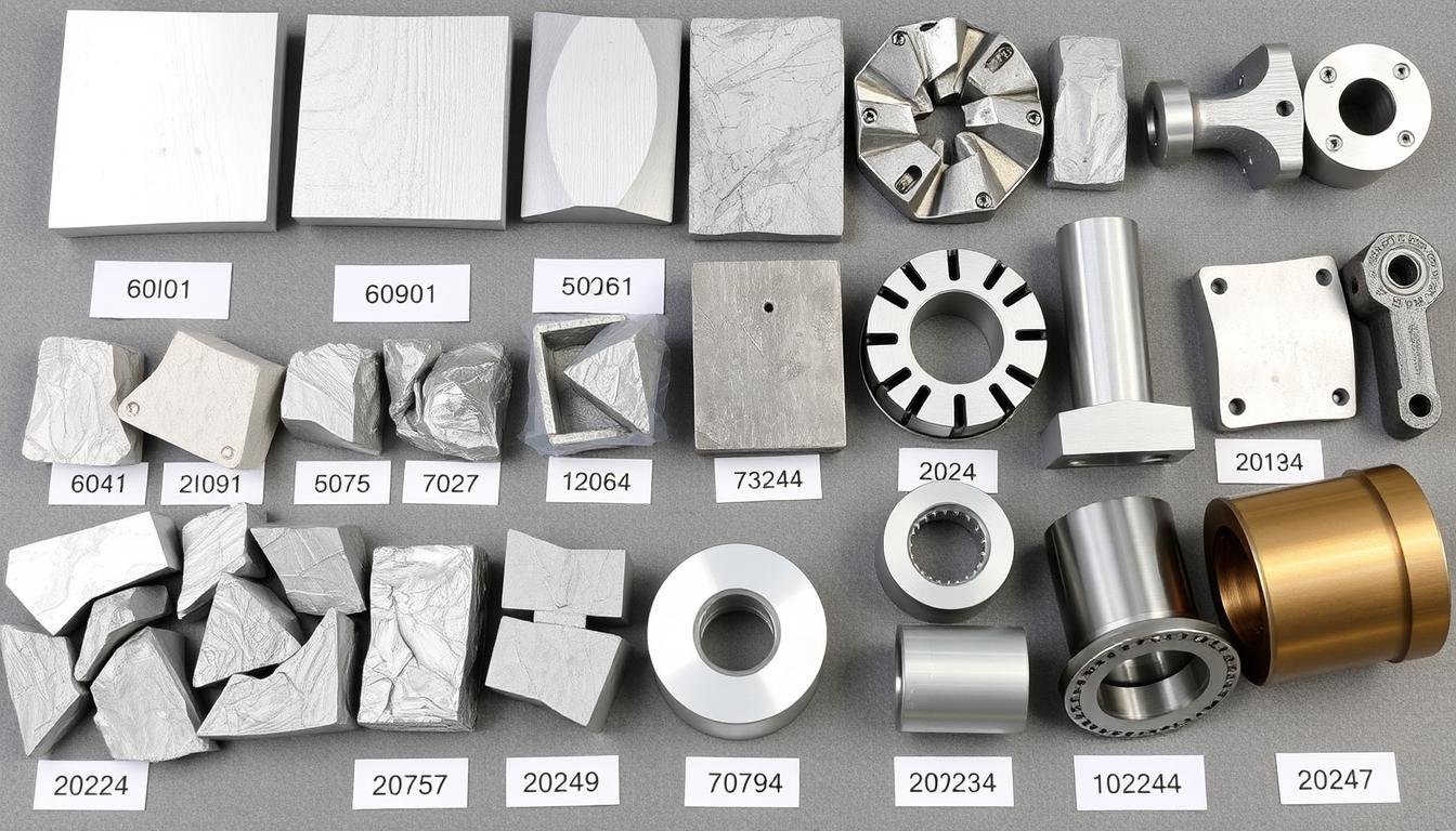 Various aluminum alloy samples and forged components showing different material properties