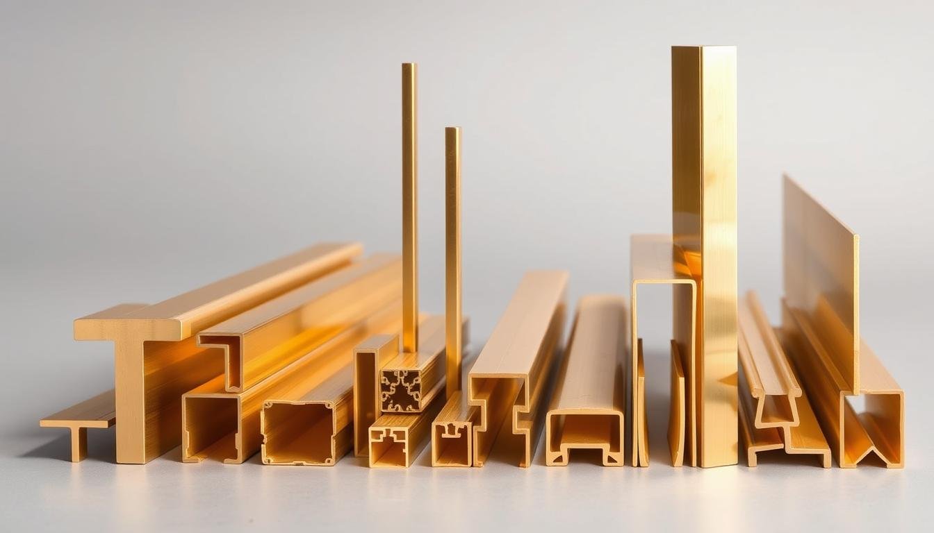 Various brass extrusion profiles including T-shaped, rectangular, and custom shapes