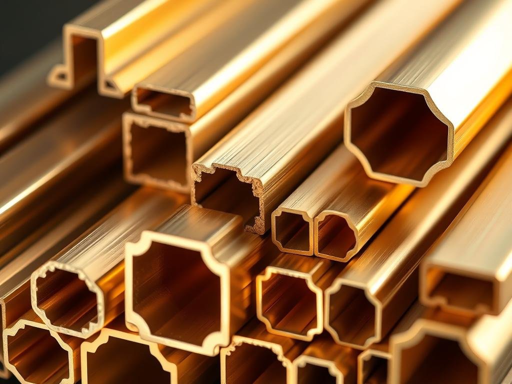 Various brass extrusion profiles showing different cross-sections and applications