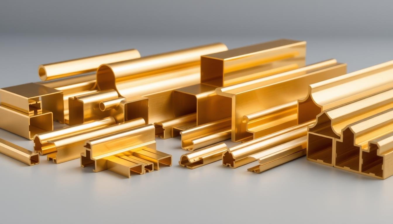 Various brass extrusion profiles showing different cross-sections and applications