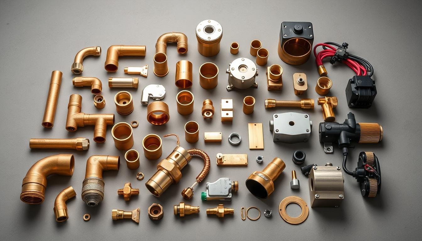 Various industrial applications of brass extrusion products including plumbing fittings, architectural elements, and electrical components