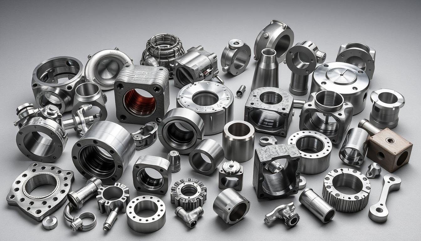 Various industrial forged components showing different applications of the forging process