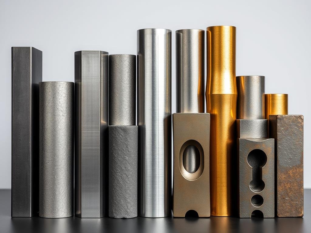 Various metal billets and forgings showing different materials like steel, aluminum, and brass