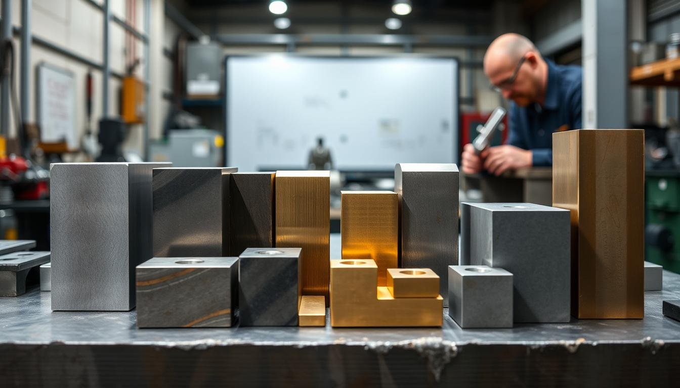 Various metal billets including aluminum, steel, and brass ready for machining