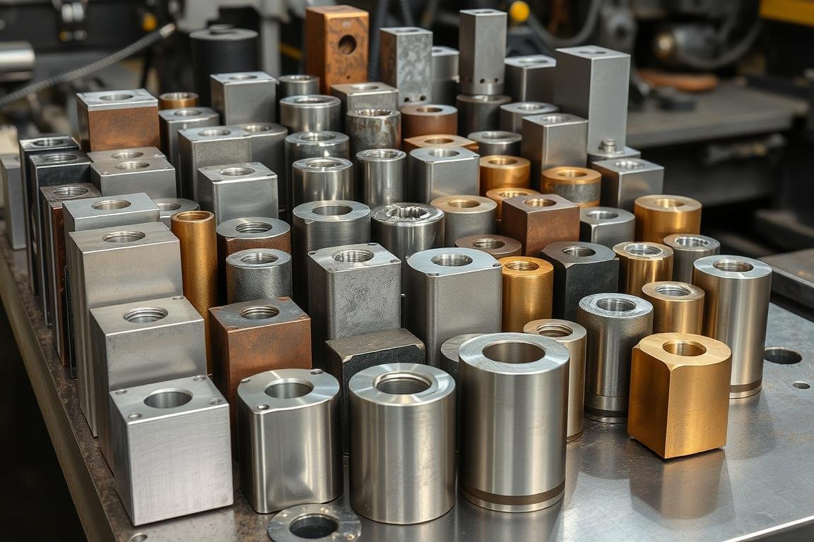 Various metal billets of different materials ready for machining