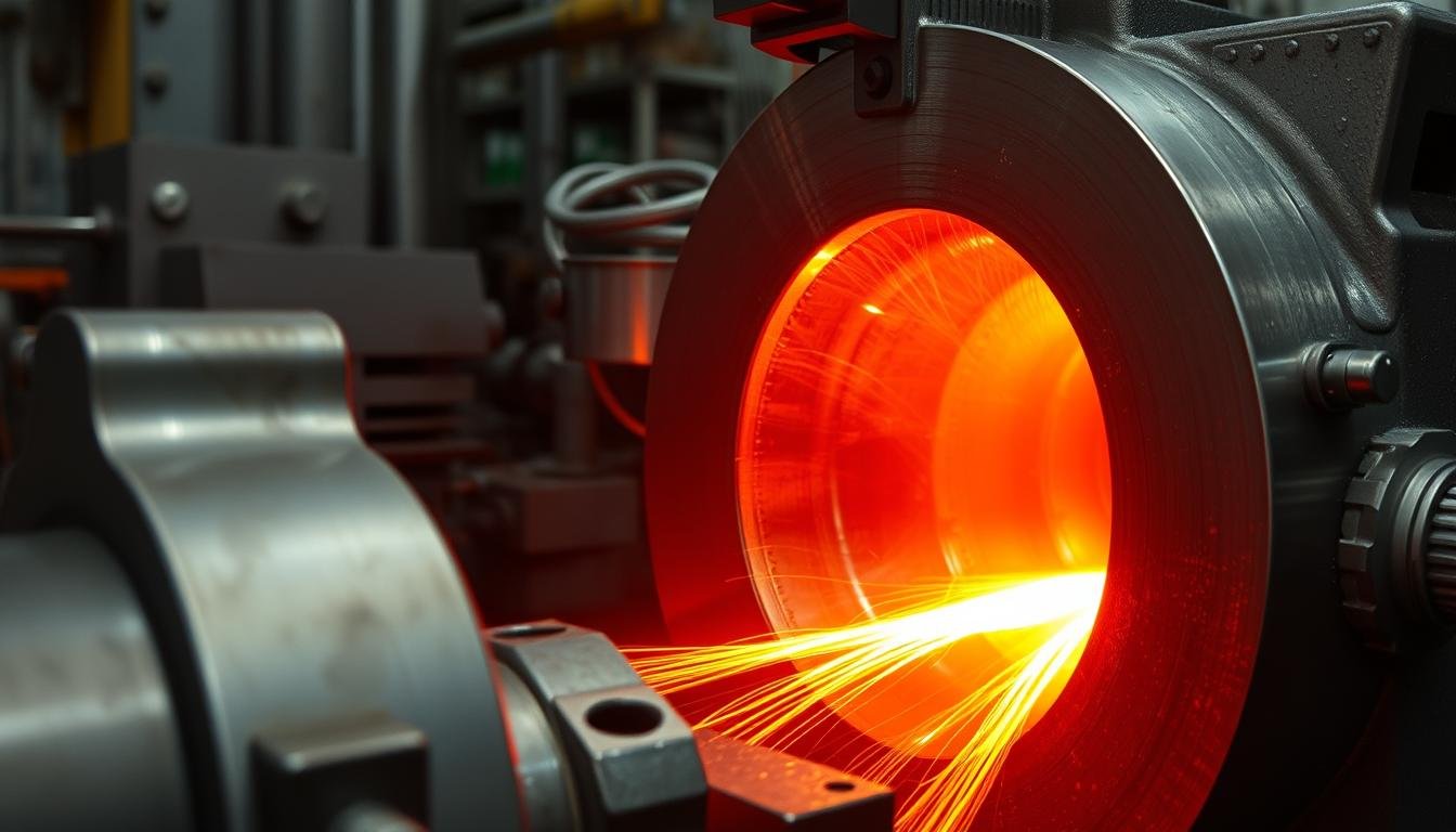 Warm aluminum forging process showing partially heated metal