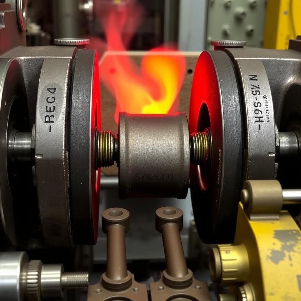 Warm forging process showing metal at moderate temperature being formed with precision dies