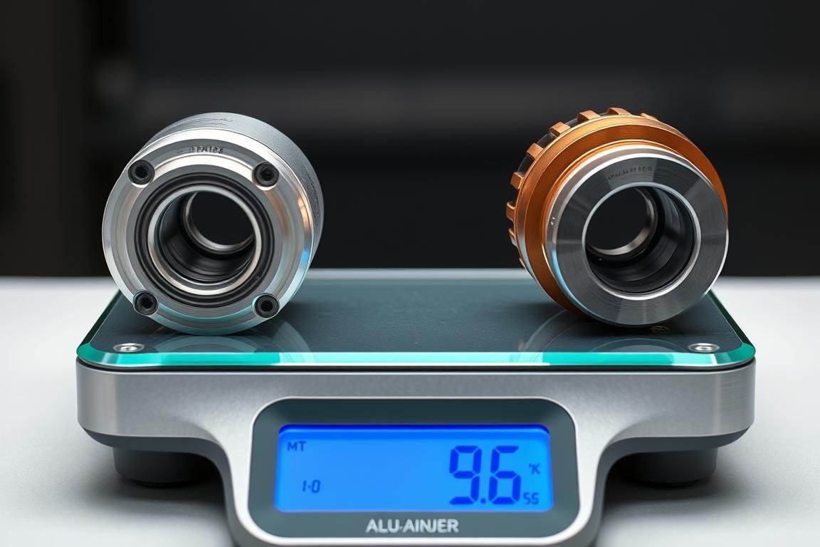Weight comparison demonstration of similarly sized forged aluminum and machined steel components Weight comparison demonstration of similarly sized forged aluminum and machined steel components