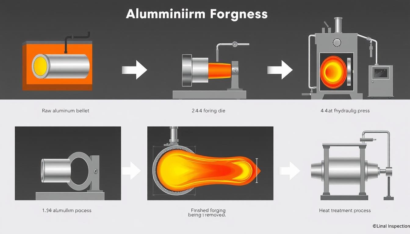 Aluminum alloy forging process showing heated billet being formed in a hydraulic press