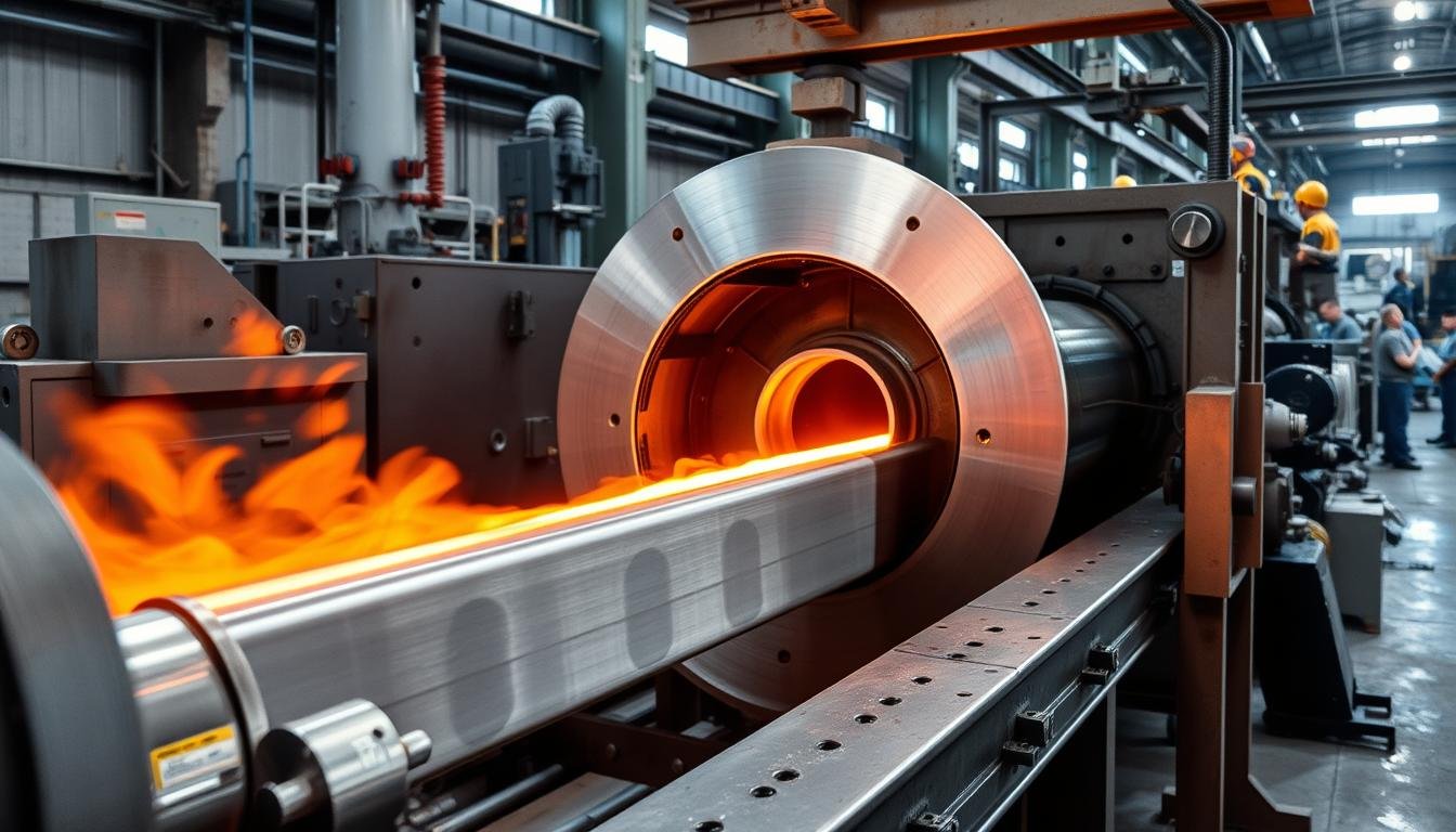 Aluminum billet extrusion process at MAIKONG manufacturing facility