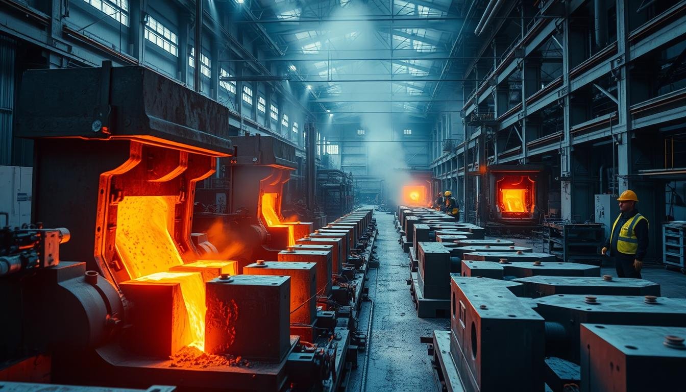 Aluminum billet manufacturing process showing molten aluminum being cast into billet form Aluminum billet manufacturing process showing molten aluminum being cast into billet form