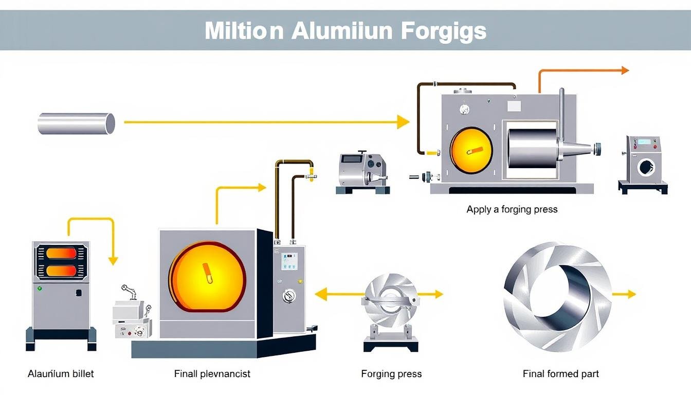 Aluminum forging process showing heated billet being shaped under high pressure