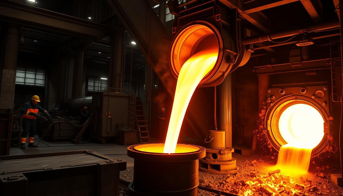 Billet material manufacturing process showing molten metal being prepared