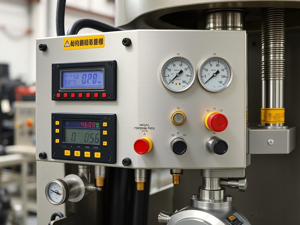 Close-up of small aluminum forging press control panel and hydraulic system