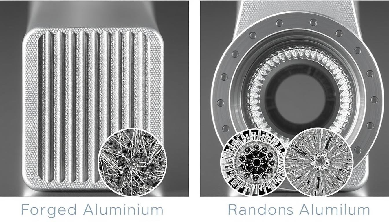Comparison between forged and cast aluminum showing grain structure differences