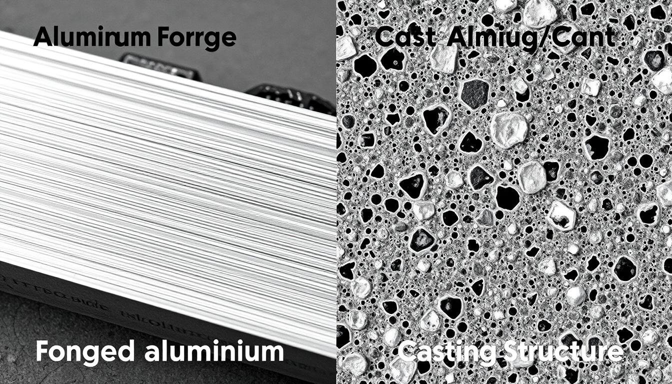 Comparison of aluminum forging and casting processes showing material structure differences