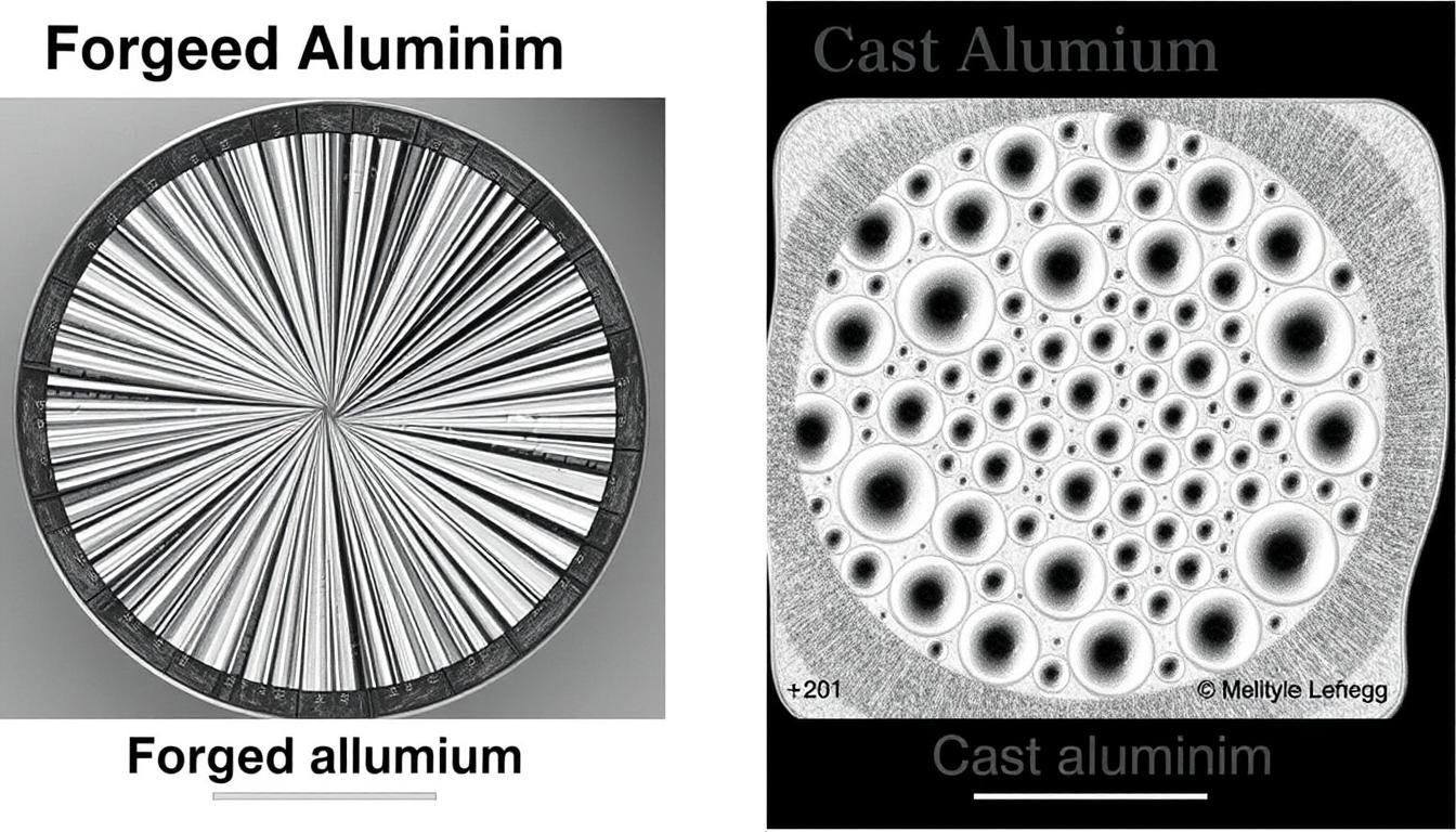 Comparison of forged vs cast aluminum components showing the superior grain structure of forged parts from MAIKONG aluminum forging company in USA