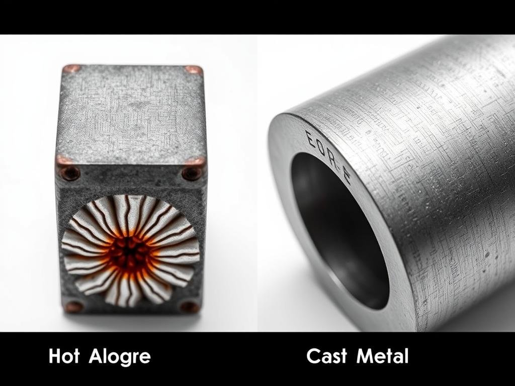 Comparison of hot forged vs cast metal components showing grain structure differences