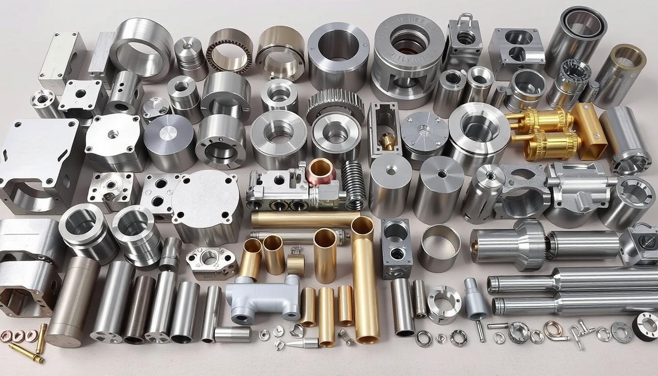 Diverse metal components manufactured by MAIKONG showing aluminum, steel, and brass parts