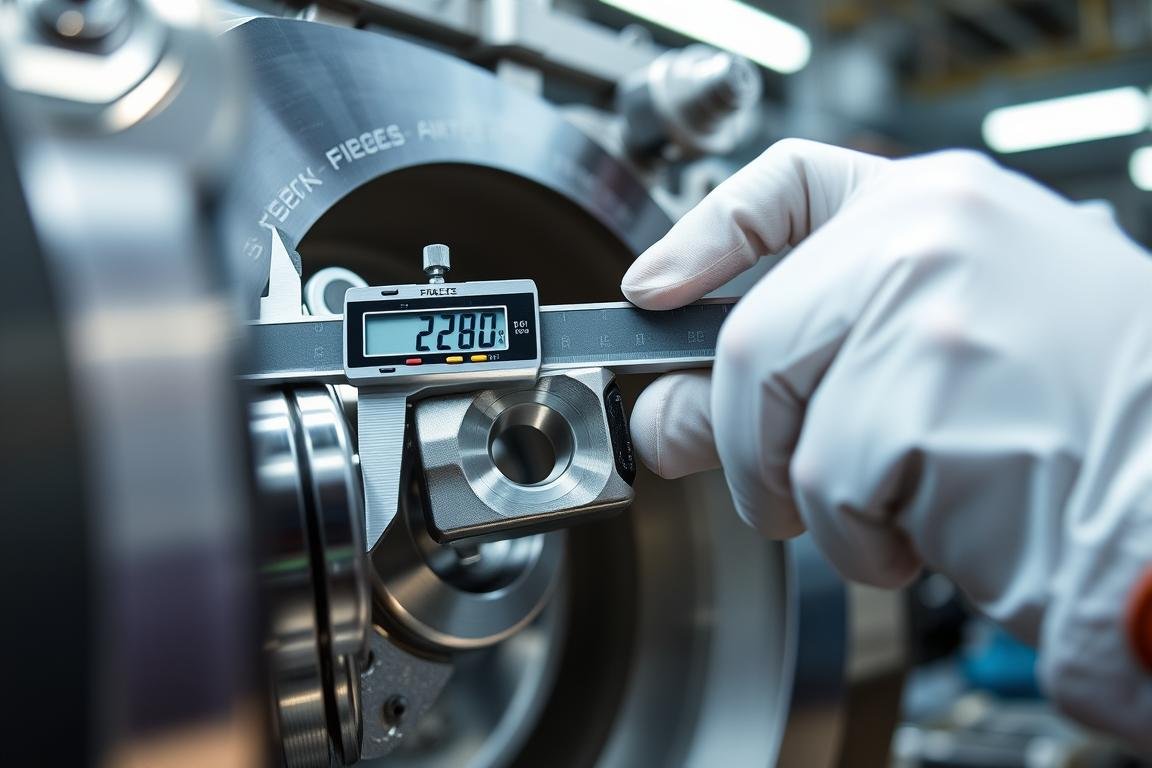 Engineer measuring precision tolerances on a billet machined part with digital calipers